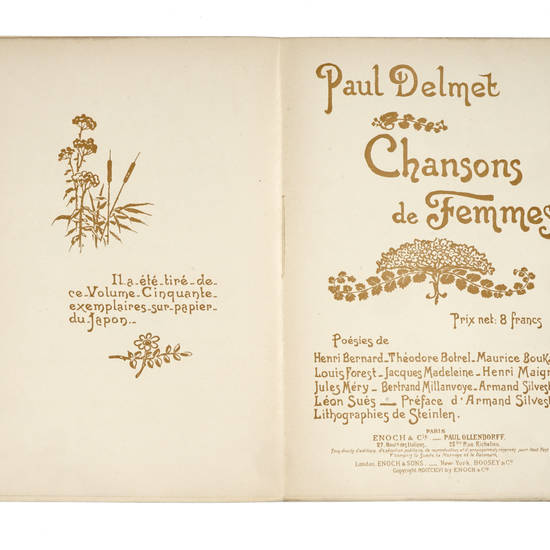 Chansons de femmes. Poésies de Henri Bernard, Théodore Botrel, Maurice Boukay, Louis Forest, Jacques Madeleine, Henri Maigrot, Jules Méry, Bertrand Millanvoye, Armand Silvestre, Léon Suès. Préface d'Armand Silvestre. Lithographies de Steinlen.