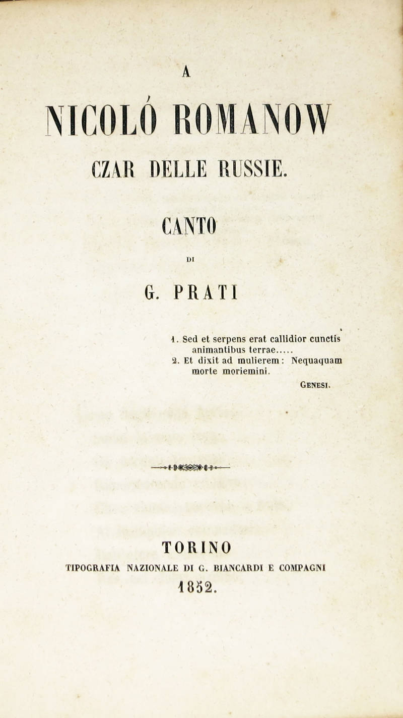 A Niccolò Romanow czar delle Russie. Canto.