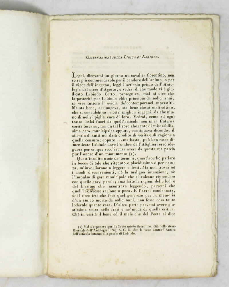 OSSERVAZIONI sulla Lirica di Labindo (Giovanni Fantoni). OSSERVAZIONI sulla Lirica di Labindo (Giovanni Fantoni).