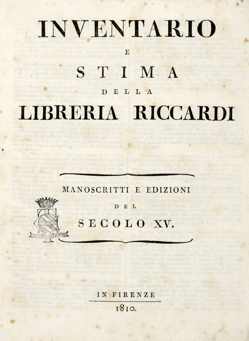 INVENTARIO e stima della Libreria Riccardi. Manoscritti e edizioni del secolo XV.