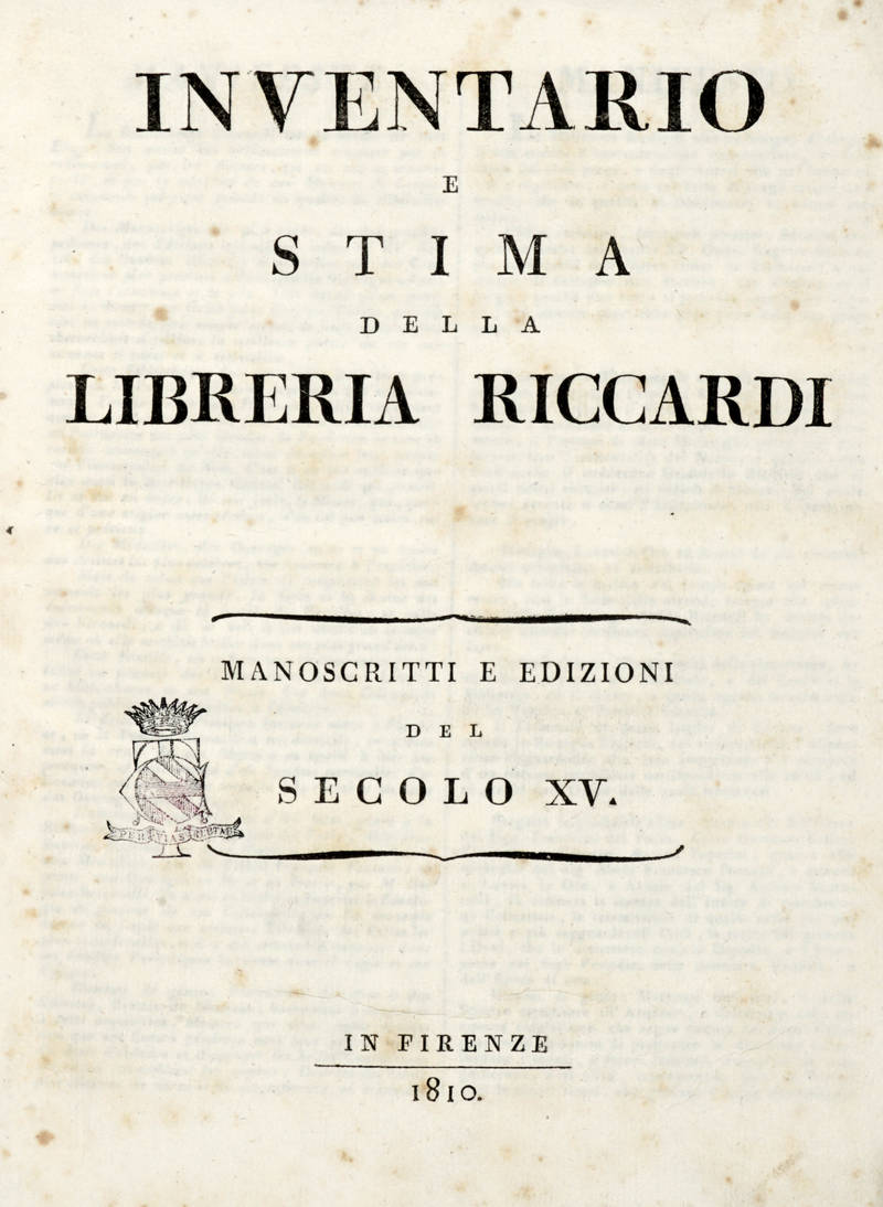 INVENTARIO e stima della Libreria Riccardi. Manoscritti e edizioni del secolo XV. INVENTARIO e stima della Libreria Riccardi. Manoscritti e edizioni del secolo XV.