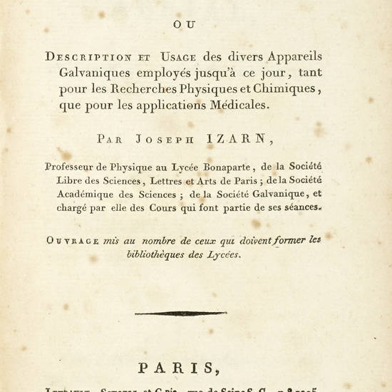 Manuel du Galvanisme, ou description et usage des divers Appareils Galvaniques...