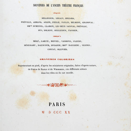 ALBUM dramatique Souvenirs de l'ancien théatre français depuis Bellecour, Lekain, Brizard, Préville, Armand, Auger, Feulie, Paulin, Belmont, Grandval... jusqu'à Molé, Larive, Monvel, Vanhove, Fleury, Désessart, Dazzincour... Gravures coloriées Repr