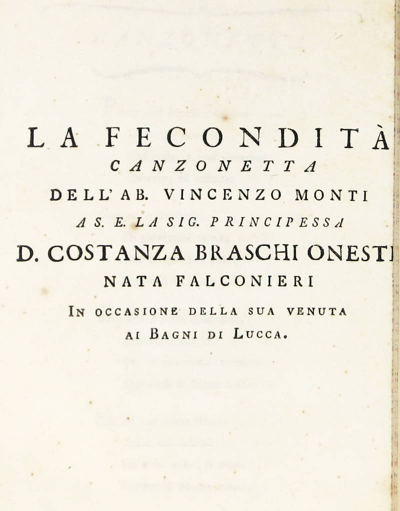 La Fecondità. Canzonetta...a S.E. la Sig. Braschi Onesti nata Falconieri in occasione della sua venuta ai Bagni di Lucca.
