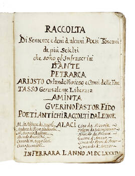 Raccolta di sentenze e detti d'alcuni Poeti Toscani de più scielti che sono gl'infrascritti Dante. Petrarca. Ariosto, Orlando Furioso, e Canti delle Fate. Tasso, Gerusalemme Liberata. Aminta. Guerino Pastor Fido. Poeti antichi raccolti da Leone Alaci: M.