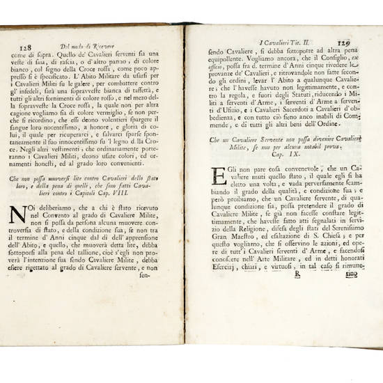 STATUTI dell'ordine de Cavalieri di S.to Stefano, ristampati con l'Addiz.ni in tempo de Serenissimi Cosimo II e Ferdin. II e della S.C.M. dell'Imperatore Francesco I. Granduchi di Toscana e Gran Maestri.