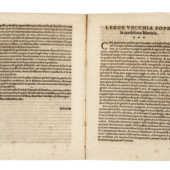 LEGGE fatta / Per L'Illustrissimo, / Et Eccellentissimo / Sig. Il Signor Duca / Di Fiorenza, / Sopra la Gabella delle Bestie / Muline, Cavalline, & Asinine. / Et passata ne XLVIII. il dì 23 di Luglio 1549.