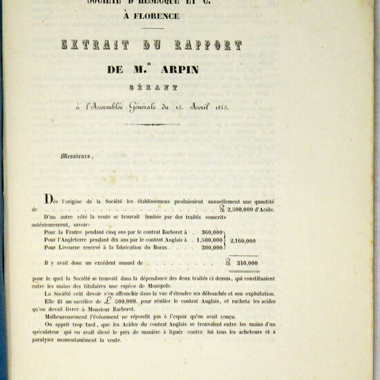 Société d'hesecque et C.ie à Florence. Extrait du Rapport à l'Assemblée Générale du 15. Avril 1845.