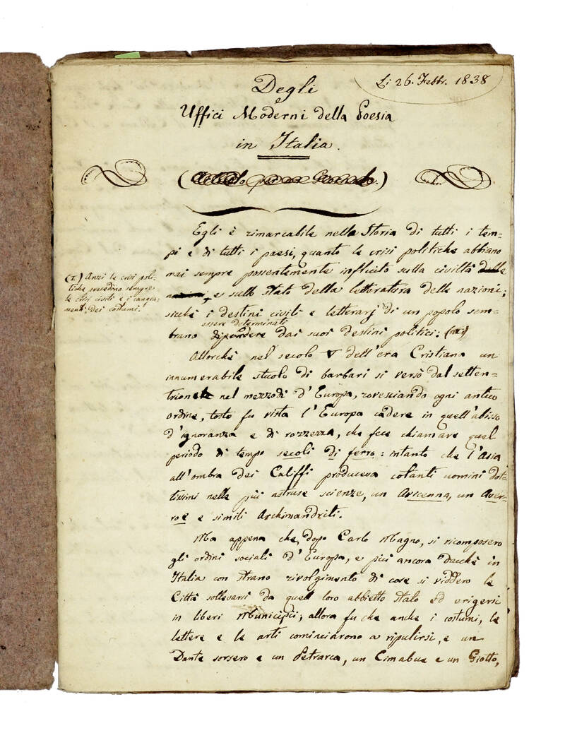 Degli uffici moderni della Poesia in Italia. (Milano?), 26 feb./29 mar. 1838. Degli uffici moderni della Poesia in Italia. (Milano?), 26 feb./29 mar. 1838.