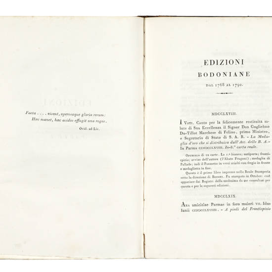 Vita./ Del Cavaliere/ Giambattista/ Bodoni/ Tipografo Italiano/ E/ Catalogo/ Cronologico/ Delle Sue Edizioni./ Tomo I./(-II).