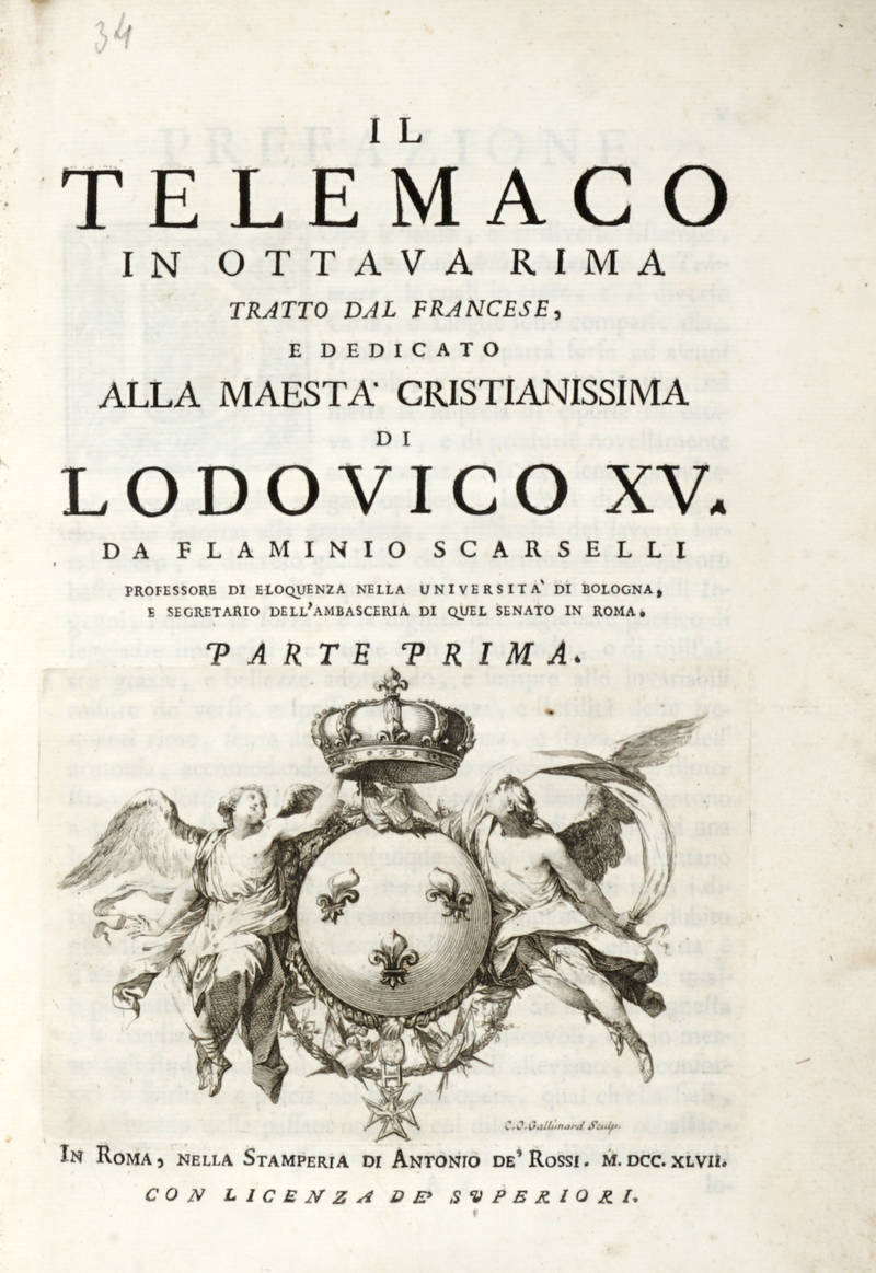Il Telemaco in ottava rima, tradotto da francese, e dedicato alla Maestà Cristianissima di Lodovico XV. da Flaminio Scarselli.
