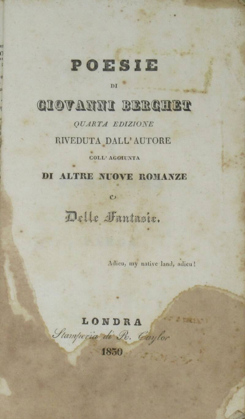 Poesie. Quarta edizione riveduta dall'Autore coll'Aggiunta di altre nuove romanze e delle fantasie.