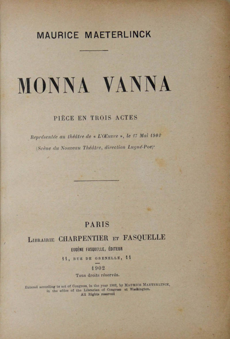 Monna Vanna. Pièce en trois actes.