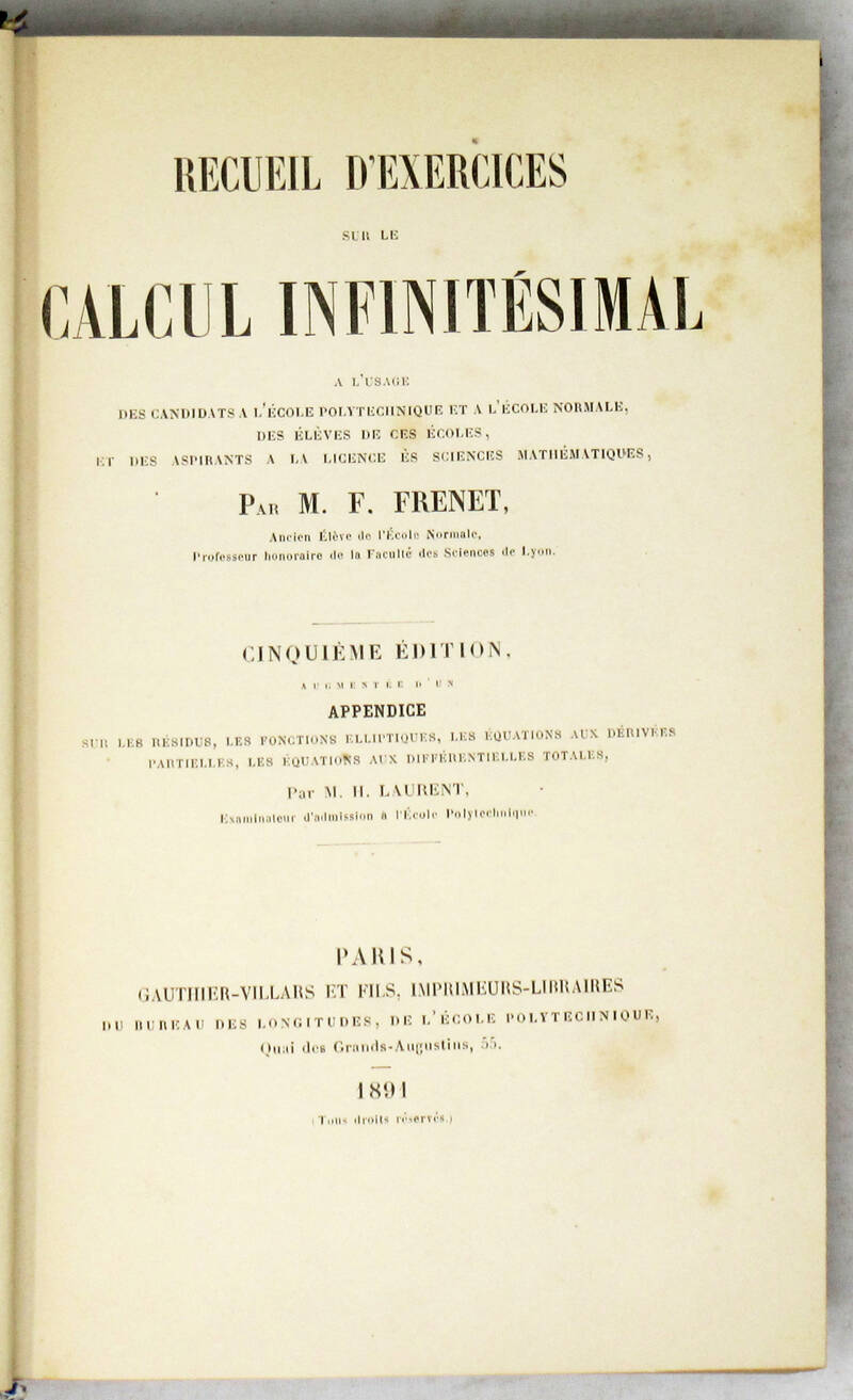 Recueil d'exercises sur le calcul infinitésimal...Cinquème édition augmentée d'un Appendice... Recueil d'exercises sur le calcul infinitésimal...Cinquème édition augmentée d'un Appendice...