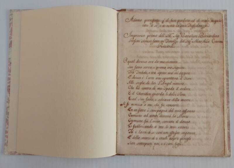 Raccolta di Improvvisi Diversi. (Adamo piangente & il ben perduto...; Gl'Affetti di Mosè nel morire avanti la Terra promessa...,; Le due Pastorelle...; Sopra lo Specchio Pastorella seconda...) fatti in Roma l'anno 1725. Raccolta di Improvvisi Diversi. (Adamo piangente & il ben perduto...; Gl'Affetti di Mosè nel morire avanti la Terra promessa...,; Le due Pastorelle...; Sopra lo Specchio Pastorella seconda...) fatti in Roma l'anno 1725.