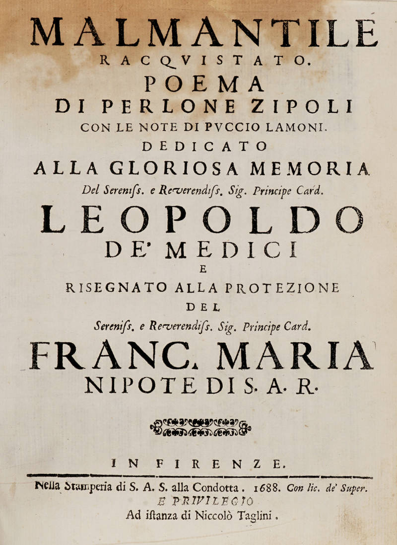 Malmantile Racquistato di Perlone Zipoli colle note di Puccio Lamoni e d'altri. Malmantile Racquistato di Perlone Zipoli colle note di Puccio Lamoni e d'altri.