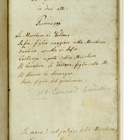 La Curiosa Commedia in due atti. Traduzione dal tedesco di Conrad Wolf. 1824-1825.