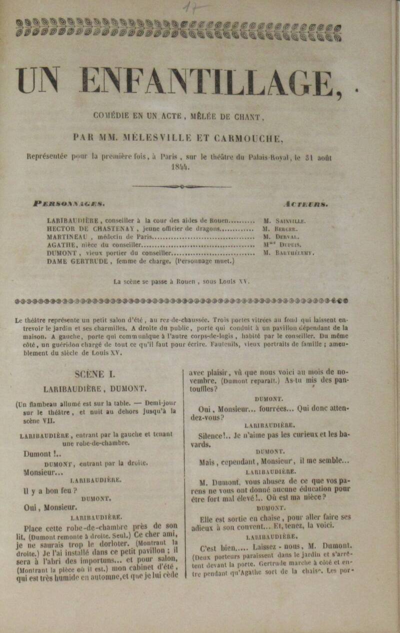 Un enfantillage. Comédie en cinq acte, mêlée de chant...représentée pour la première fois, à Paris, sur le théâtre du Palais-Royal, le 31 août 1844. Un enfantillage. Comédie en cinq acte, mêlée de chant...représentée pour la première fois, à Paris, sur le théâtre du Palais-Royal, le 31 août 1844.