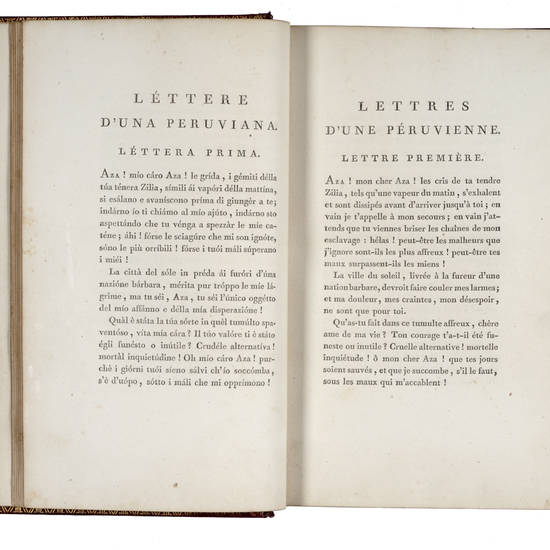 Lettres d'une Péruvienne...Traduites du Français en Italien par M. Deodati. Édition ornée du Portrait de l'Auteur, gravé par M. Gaucher, et six Gravures exécutées par les meilleurs Artistes, d'après les Dessins de M. Le Barbier l'aîné. (Testo it