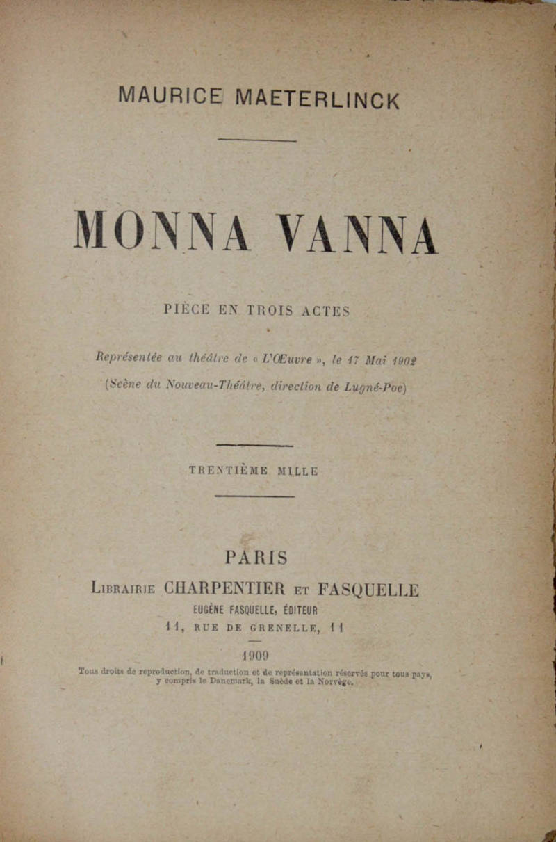 Monna Vanna. Pièce en trois actes. Monna Vanna. Pièce en trois actes.