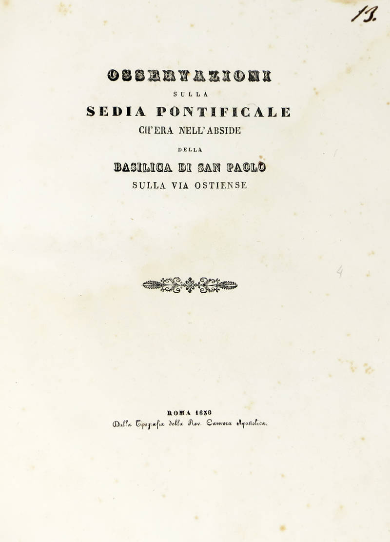 Osservazioni sulla Sedia Pontificale ch'era nell'abside della Basilica di San Paolo sulla via Ostiense.