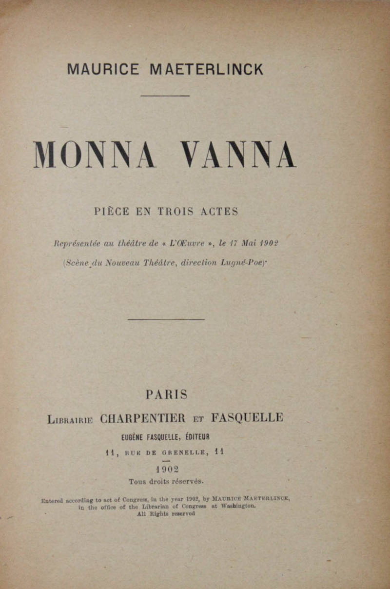 Monna Vanna. Pièce en trois actes.
