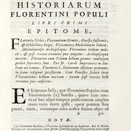 Historia Florentina nunc primum in lucem edita, notisque et auctoris vita illustrata ab Jo.Baptista Recanato, patritio veneto, academico Florentino.