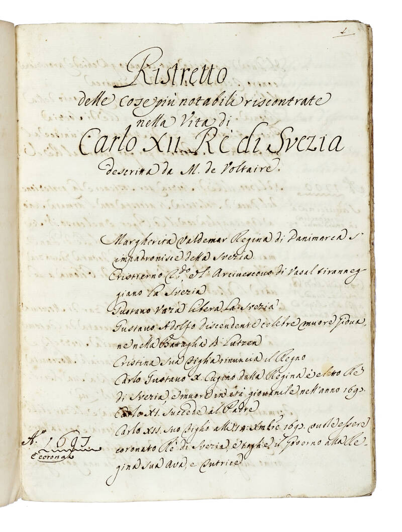 Ristretto delle cose più notabili riscontrate nella vita di Carlo XII Re di Svezia descritto da M. de Voltaire.