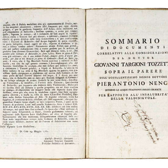 Considerazioni del dottor Giovanni Targioni Tozzetti sopra il parere dell'eccellentissimo signor Dottore Pierantonio Ninci intorno le acque stagnanti delle colmate per rapporto all'insalubrità della Valdinievole. (Unito con:) Sommario di Documenti correl Considerazioni del dottor Giovanni Targioni Tozzetti sopra il parere dell'eccellentissimo signor Dottore Pierantonio Ninci intorno le acque stagnanti delle colmate per rapporto all'insalubrità della Valdinievole. (Unito con:) Sommario di Documenti correl