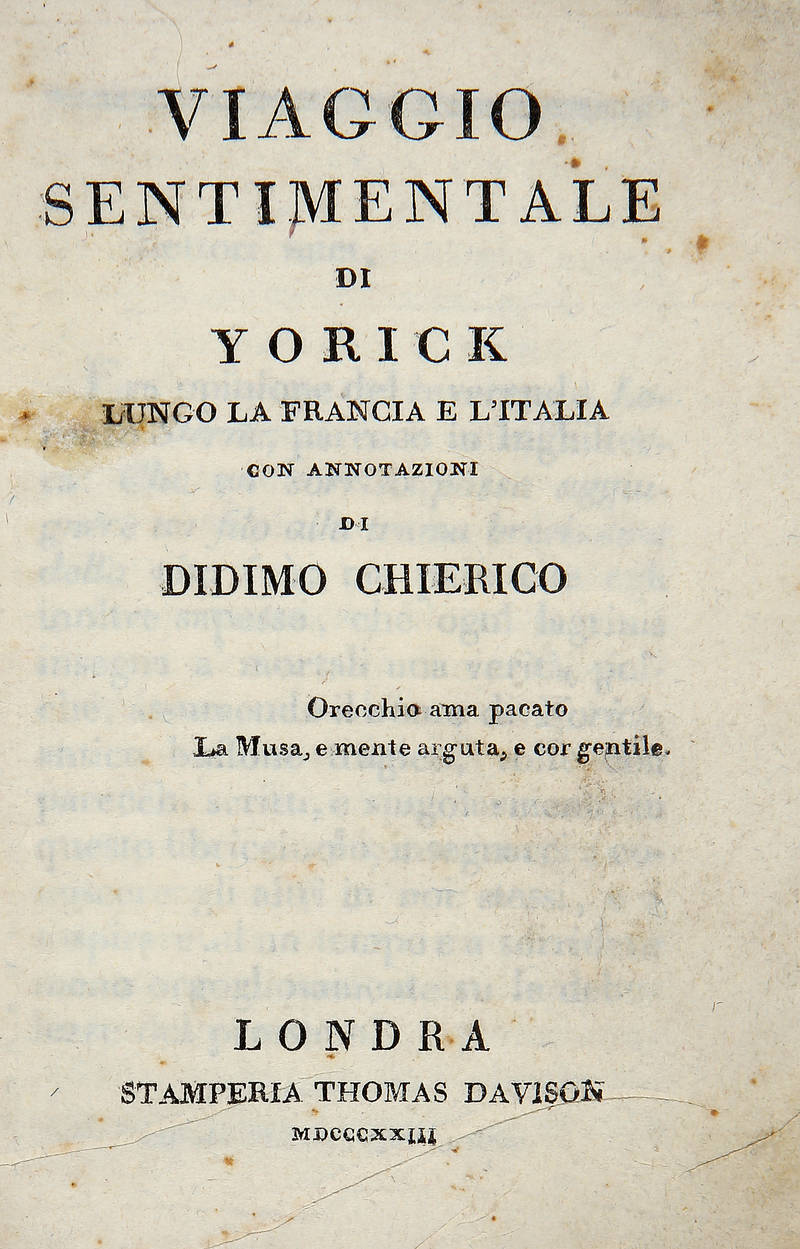 Viaggio sentimentale di Yorick lungo la Francia e l'Italia, con annotazioni di Didimo Chierico.