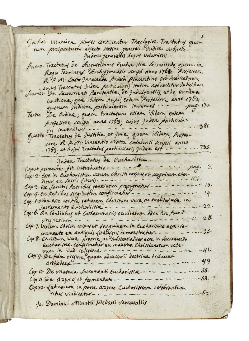 Thelogia e Tractatus: 1) Tractatus de Augustissimo Eucharistia Sacramento; 2) Tractatus de sacramento Poenitentia, de Indulgentiis et Extrema Unctione; 3) Tractatus de Sacramento Ordinis; 4) Tractatus de Justitia et Jure. Thelogia e Tractatus: 1) Tractatus de Augustissimo Eucharistia Sacramento; 2) Tractatus de sacramento Poenitentia, de Indulgentiis et Extrema Unctione; 3) Tractatus de Sacramento Ordinis; 4) Tractatus de Justitia et Jure.