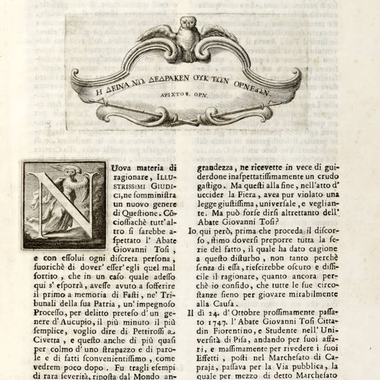 Apologia accademica e forense, per l'abate Giovanni Tosi in una causa di Aucupio di Pettirossi a Civetta.