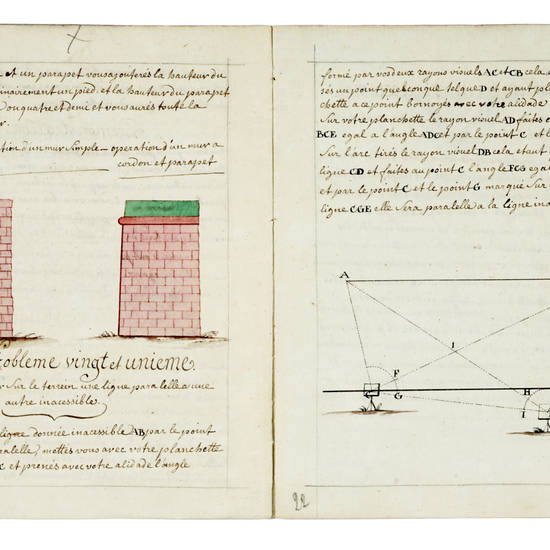 MANIERE de lever les plans avec, et sans instruments. 1.re-2.m cahier. (Segue:) Methode de Nivellement. Methode pour reduir toutes les station d' un ou plusieurs nivellements a une meme ligne de niveaur general.