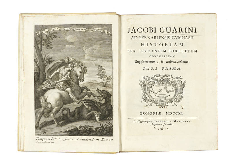 Jacobi Guarini ad Ferrariensis Gymnasii Historiam per Ferrantem Borsettum conscriptam. Supplementum, & Animadversiones. Pars Prima (-Pars Secunda).