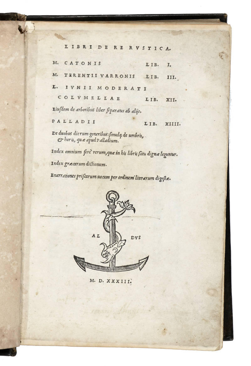 LIBRI DE RE RUSTICA. M. Catonis Lib. I-M. Terentii Varronis Lib. III-L. Iunii Moderati Columellae Lib. XII.-Eiusdem de arboribus liber separatus ab alijs.-Palladii Lib. XIIII...