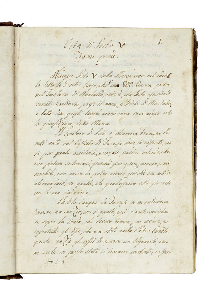 Vita di Sisto V. Estratta dalla Biblioteca Vaticana l'anno 1746 (copiata di nuovo l'anno 1818). (Segue:) Relazioni diverse eseguite sotto vari Pontificati, copiate dagli originali: 1) Relazione della morte del cardinale Carlo Carafa nipote di Papa Paolo I
