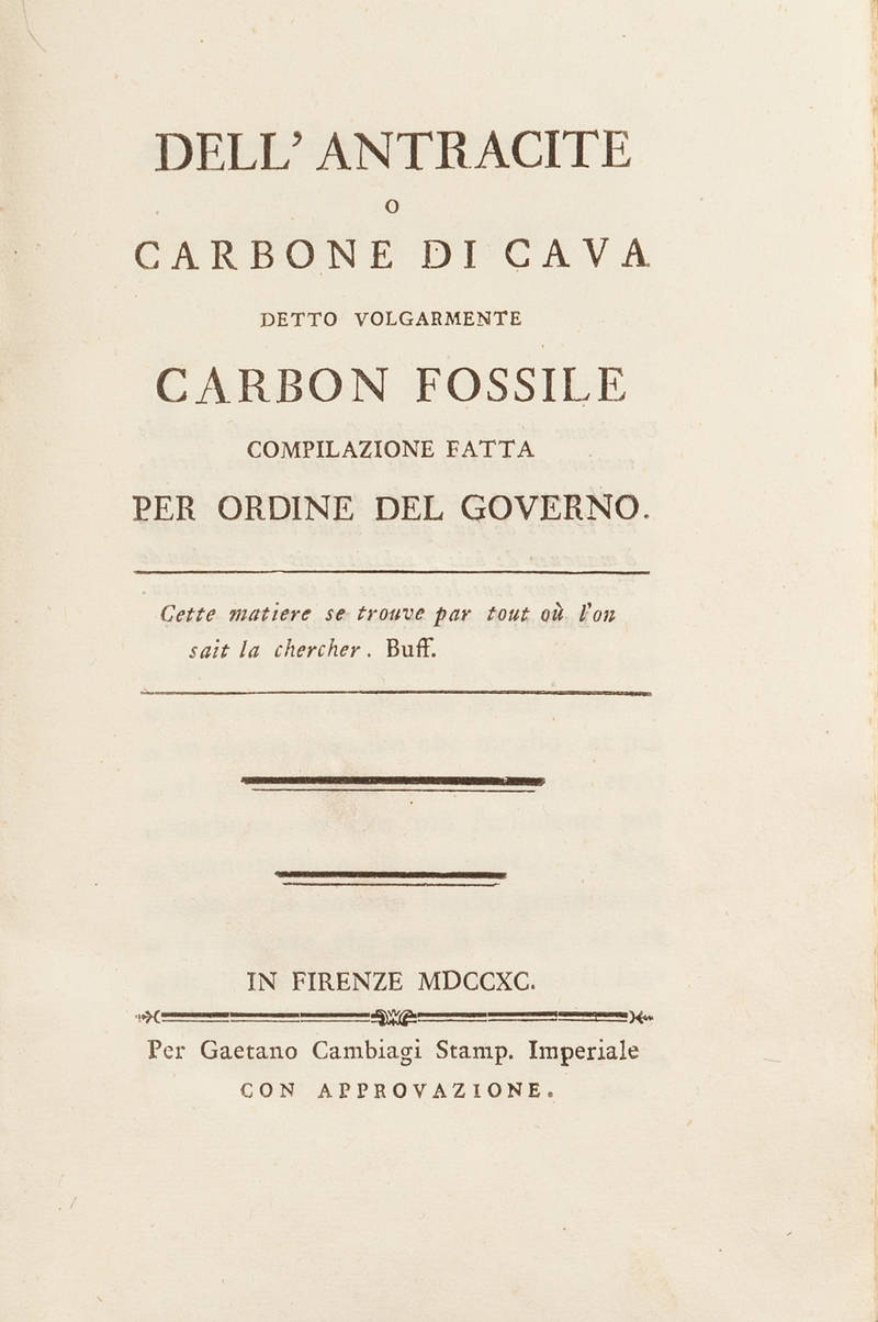 Dell'antracite o carbone di cava detto volgarmente carbon fossile. Compilazione fatta per ordine del Governo. Dell'antracite o carbone di cava detto volgarmente carbon fossile. Compilazione fatta per ordine del Governo.