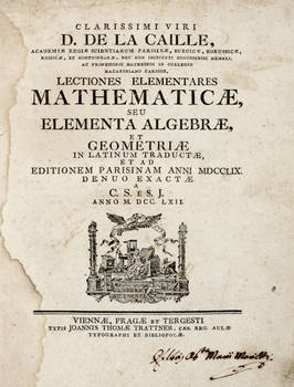 Lectiones elementaires mathematicae, seu Elementa algebrae et geometriae, in latinum traductae et ad editionem parisianam anni MDCCLIX denuo exactae.