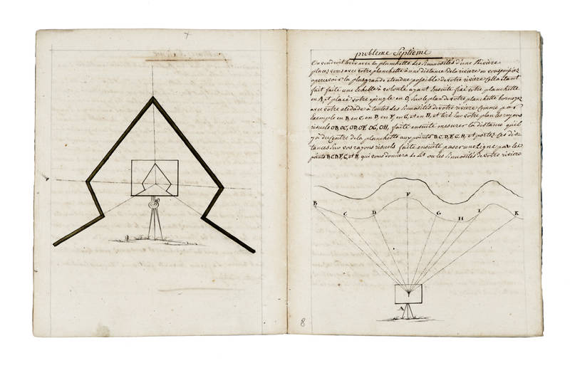 MANIERE de lever les plans avec, et sans instruments. 1.re-2.m cahier. (Segue:) Methode de Nivellement. Methode pour reduir toutes les station d' un ou plusieurs nivellements a une meme ligne de niveaur general.