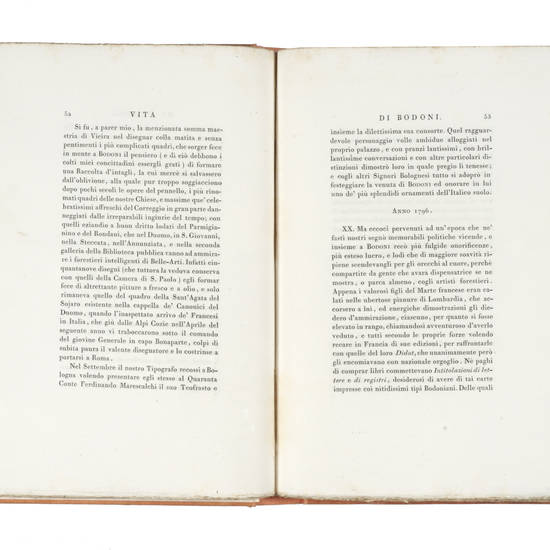 Vita/ Del Cavaliere/ Giambattista/ Bodoni/ Tipografo Italiano/ E/ Catalogo/ Cronologico/ Delle Sue Edizioni./ Tomo I./(-II).