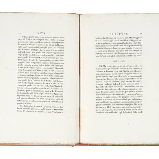 Vita/ Del Cavaliere/ Giambattista/ Bodoni/ Tipografo Italiano/ E/ Catalogo/ Cronologico/ Delle Sue Edizioni./ Tomo I./(-II).
