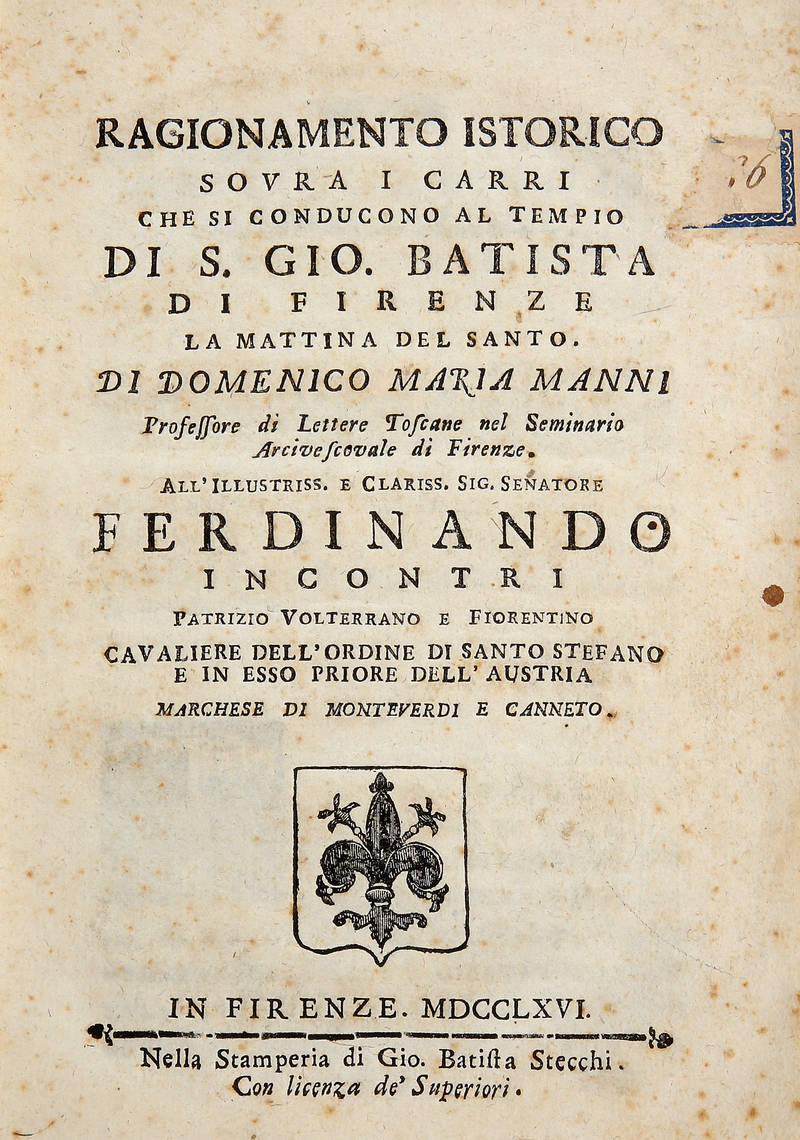 Ragionamento istorico sopra i carri che si conducono al Tempio di S. Gio. Battista di Firenze la mattina del Santo.