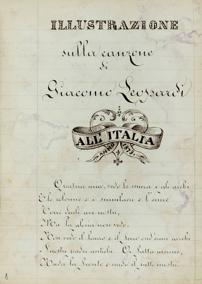 Saggi letterari anonimi: "Illustrazione sulla canzone di Giacomo Leopardi All'Italia anno 1873". (Segue:) "Del brano tolto dal poema di Dante Alighieri. Terzo canto dell'Inferno". (Segue:) "Del brano tolto dal poema l'Eneide di Virgilio Marone". (Segue:)