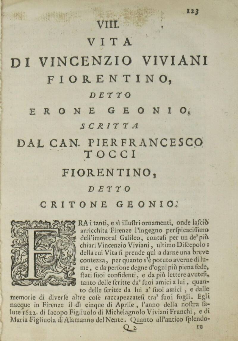 Vita di Vincenzio Viviani Fiorentino detto Erone Geonio...(Estr.). Vita di Vincenzio Viviani Fiorentino detto Erone Geonio...(Estr.).