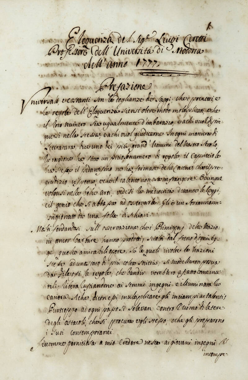 Eloquenza del Sig.e Luigi Ceretti Professore dell'Università di Modona dell'anno 1777. Eloquenza del Sig.e Luigi Ceretti Professore dell'Università di Modona dell'anno 1777.