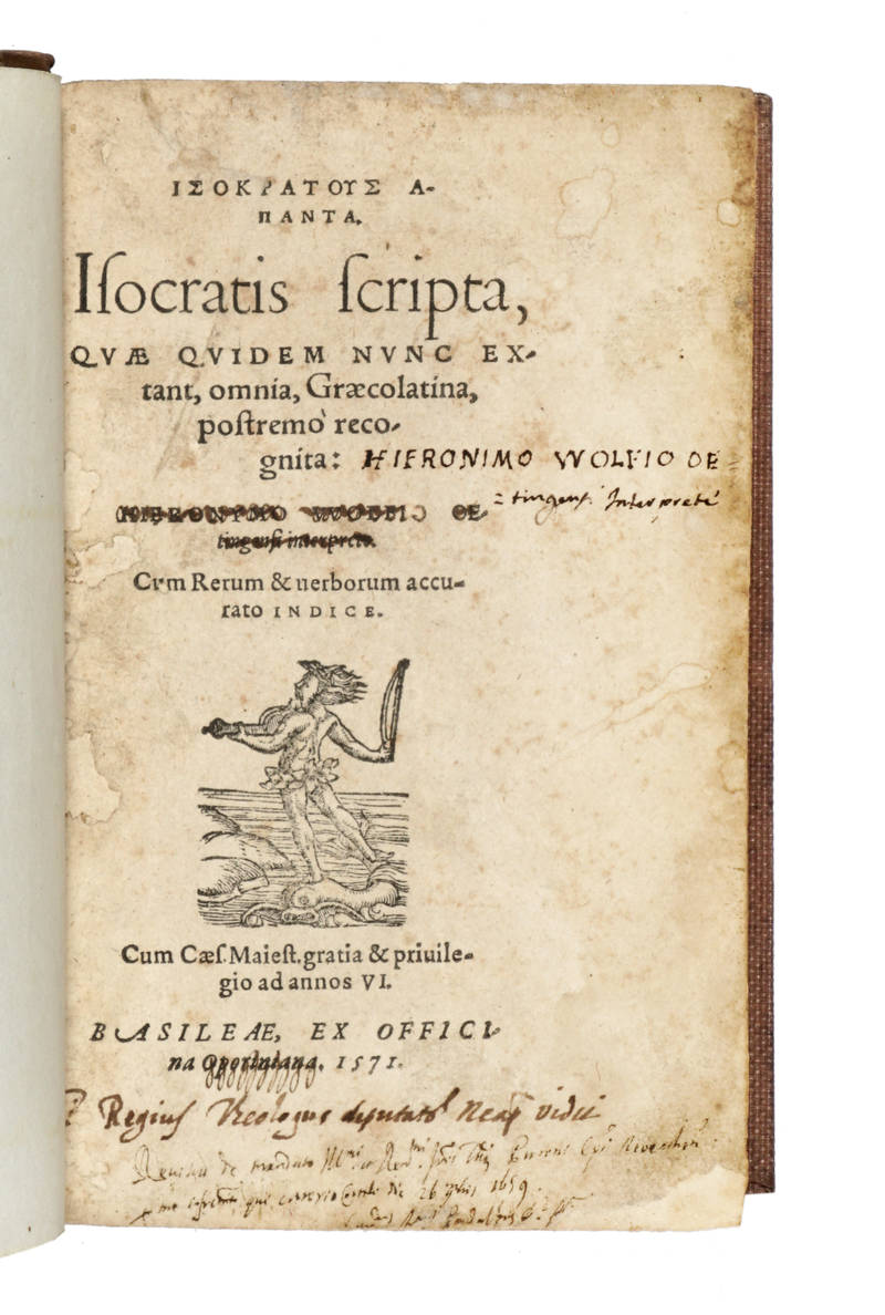 Isocratis Scripta, quae quidem nunc extant, omnia, Graecolatina, postremo recognita: Hieronimo Wolfii.