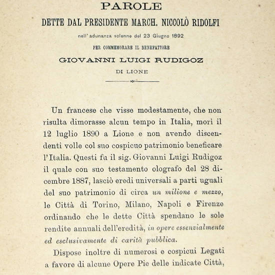 23 GIUGNO 1892. Commemorazione dei benefattori del R. Arcispedale di S. Maria Nuova.