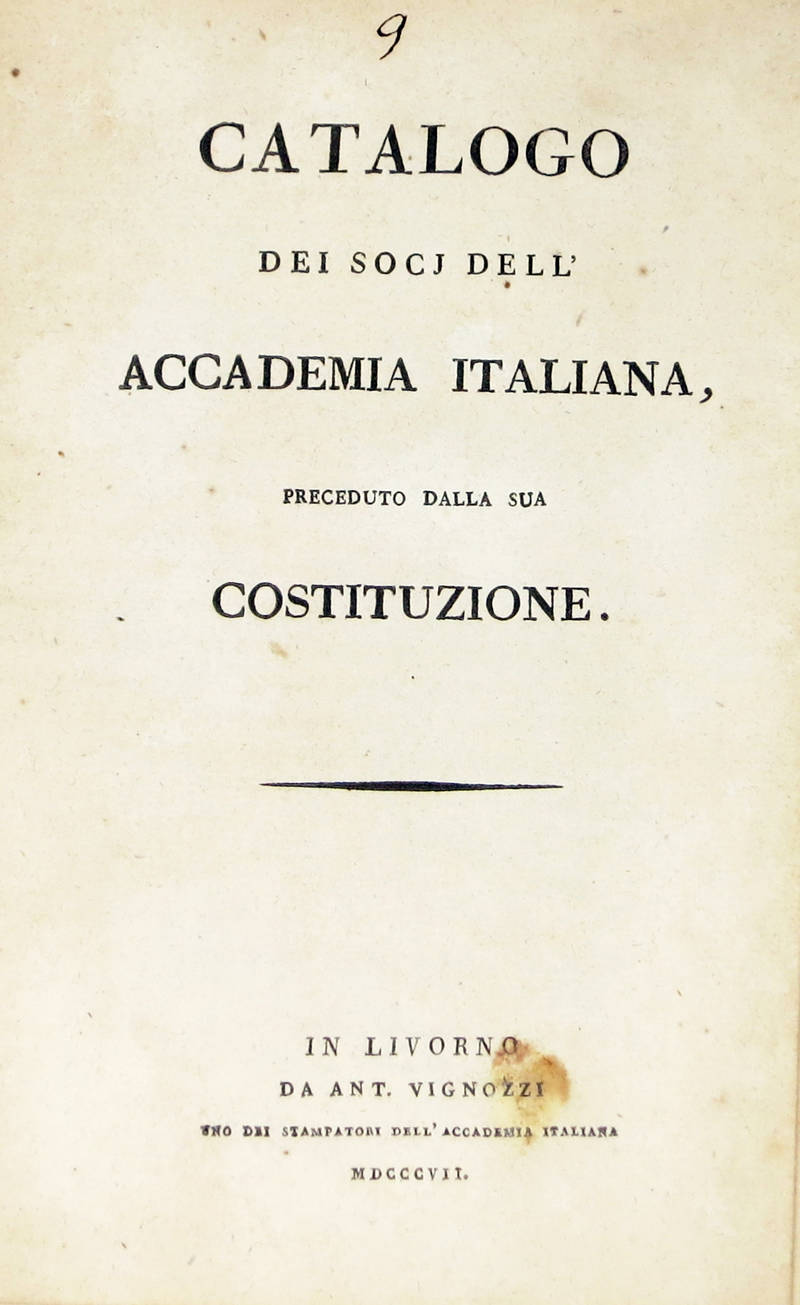 CATALOGO dei socj dell'Accademia Italiana, preceduto dalla sua Costituzione.