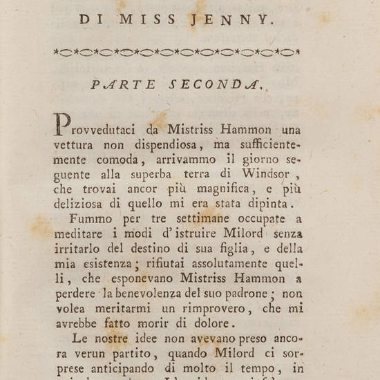 ISTORIA di Miss Jenny, scritta, e addirizzata dalla Medesima a Miledy Contessa di Roscomond, Ambasciatrice della Corte di Francia a quella di Danimarca. Opera di Madama Riccoboni celebre autrice francese. Traduzione arbitraria del Sig. Avvocato Carlo Gold
