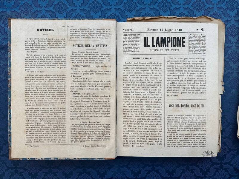 LAMPIONE (IL). Giornale per tutti. Dal N.1 del 13 Luglio 1848 al N.217 del 5 Aprile 1849. LAMPIONE (IL). Giornale per tutti. Dal N.1 del 13 Luglio 1848 al N.217 del 5 Aprile 1849.